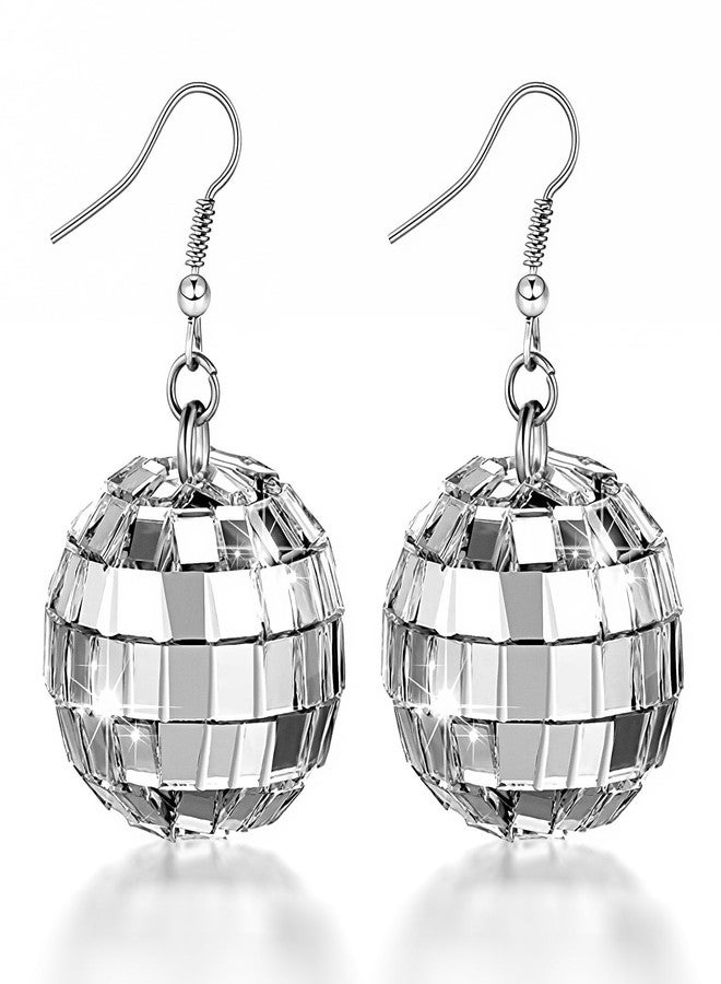 CNTVO Disco Ball Earrings for Women - Sparkle Silver Mirrorball Acrylic Dangle Earrings, Perfect with 70s Disco Outfits for Women, 80s Costume Party & Dance Accessories - Image 1